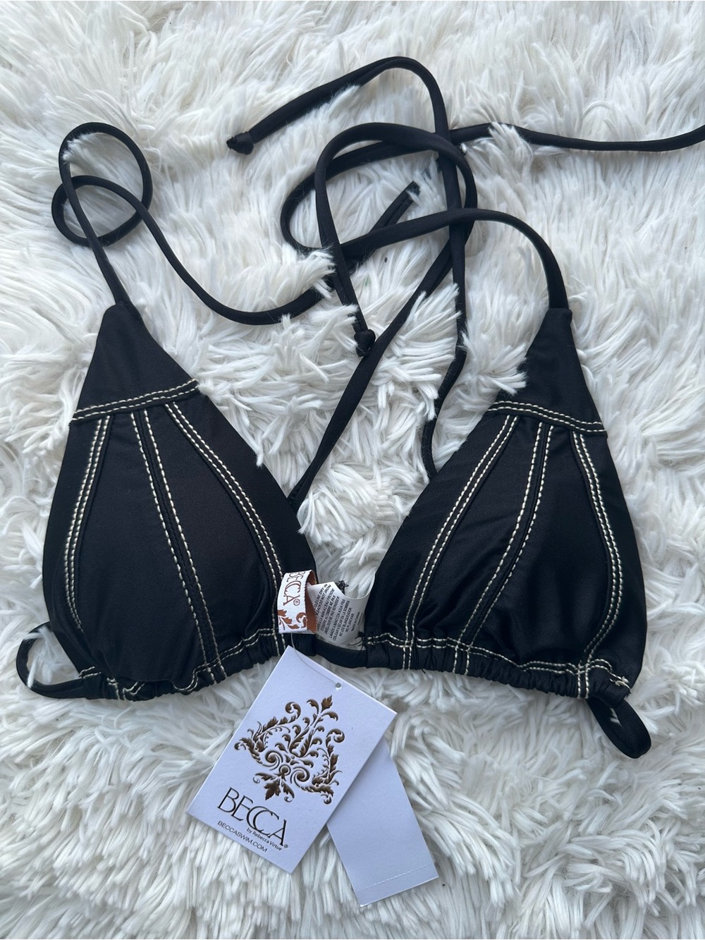 BECCA Black Triangle Bikini Top with Contrast Stitching size medium